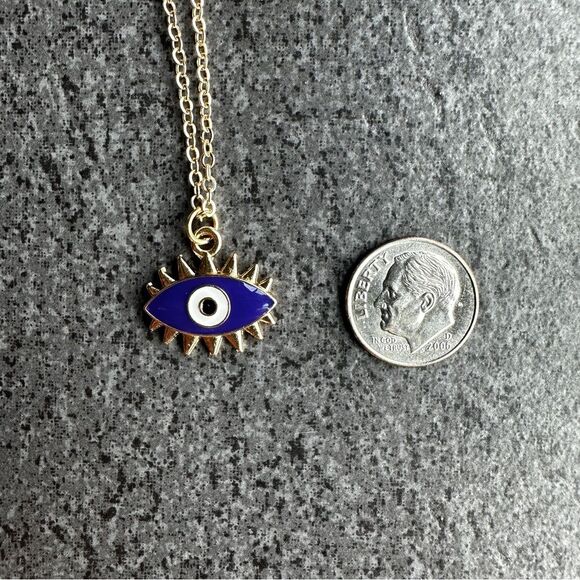 NEW Gold and Blue Enamel Evil Eye Pendant Adjustable Necklace 16 to 18-inches - Picture 6 of 10